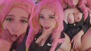 Mitsuri kanroji cosplayben kedveli a fasznak a lyukait és nagy arconlövellést kap